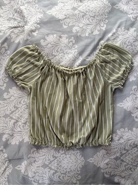 American Eagle Outfitters Sage Green Striped Off-Shoulder Crop Top